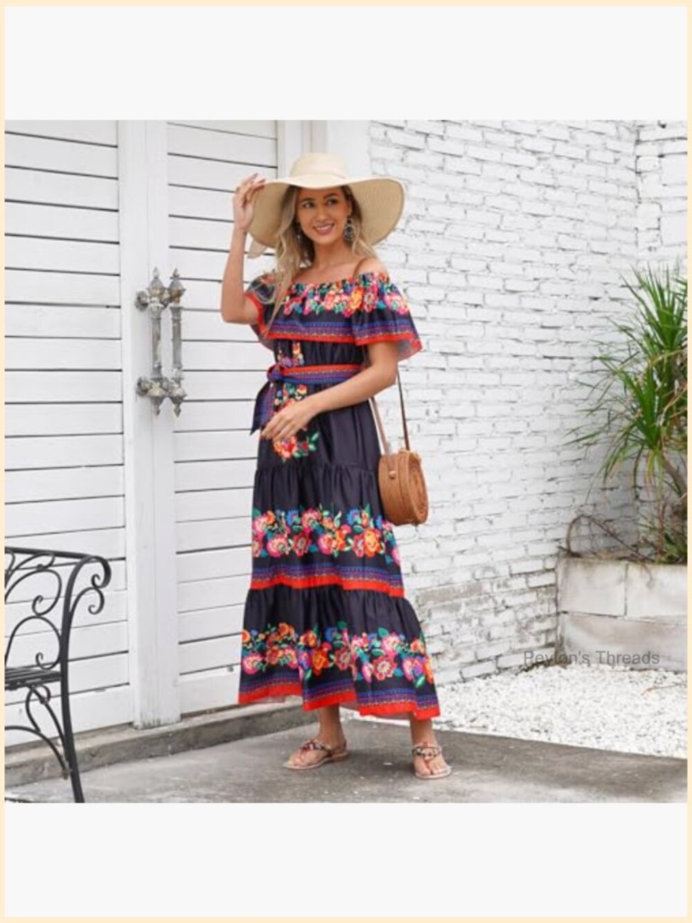Off Shoulder Floral Maxi Dress with Belt Sleeveless A-Line - Picture 2 of 5
